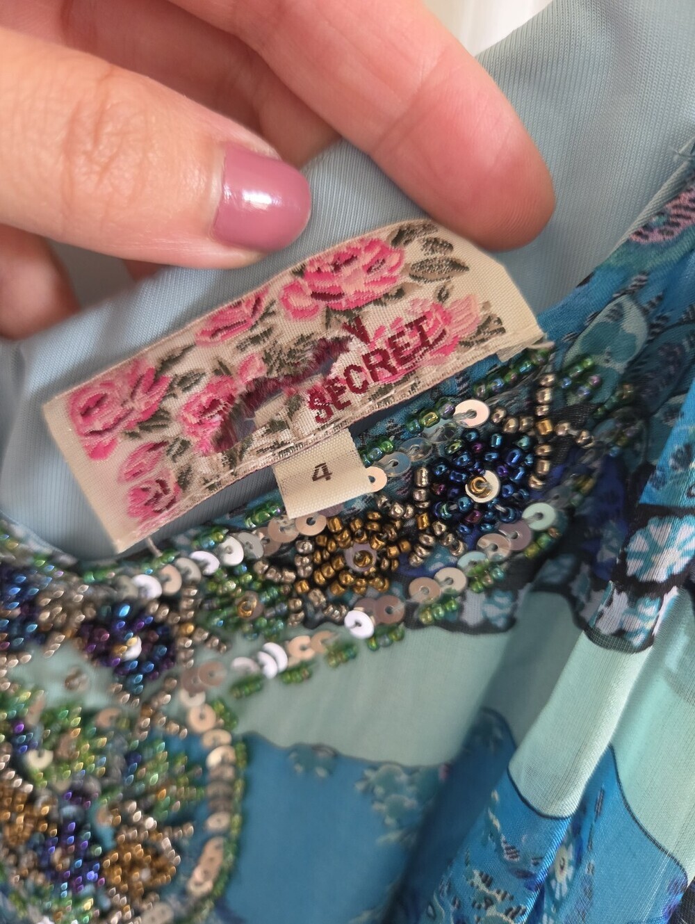 Blue Silk beaded maxi dress gown with waist tie patchwork boho stretch waist 4 - Picture 16 of 16